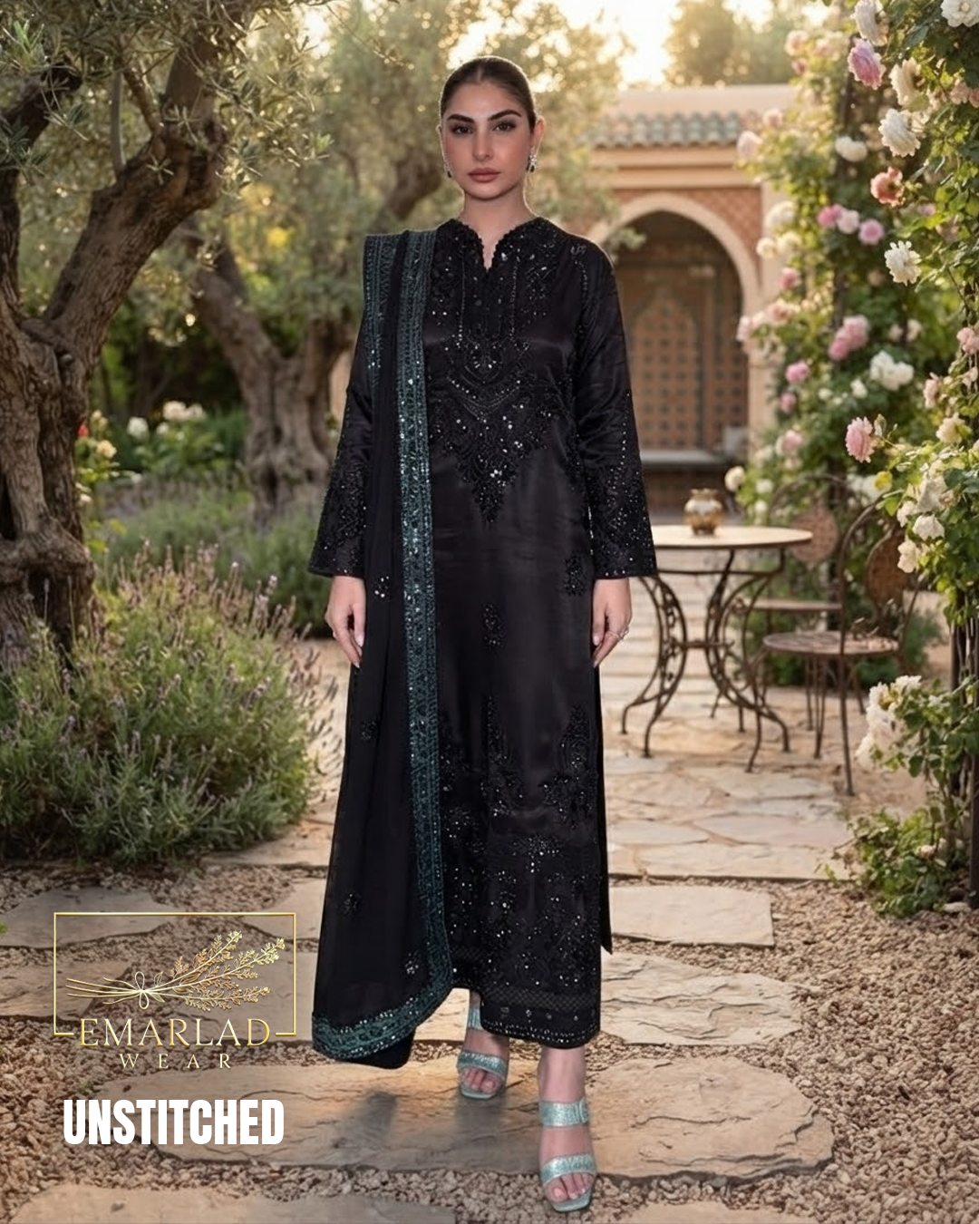Mushq Black NC Raw Silk 2 Piece Suit with Ready to Wear Chiffon Dupatta