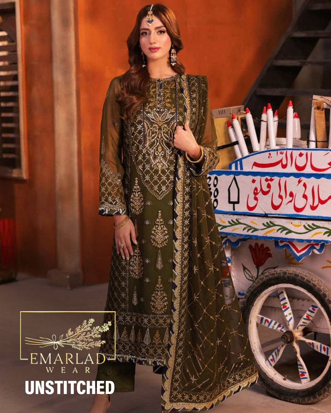 Asim Jofa - Mehndi Green - JZ - Chiffon Collection Emarlad Wear Asim Jofa - Mehndi Green - JZ - Chiffon Collection Emarlad Wear