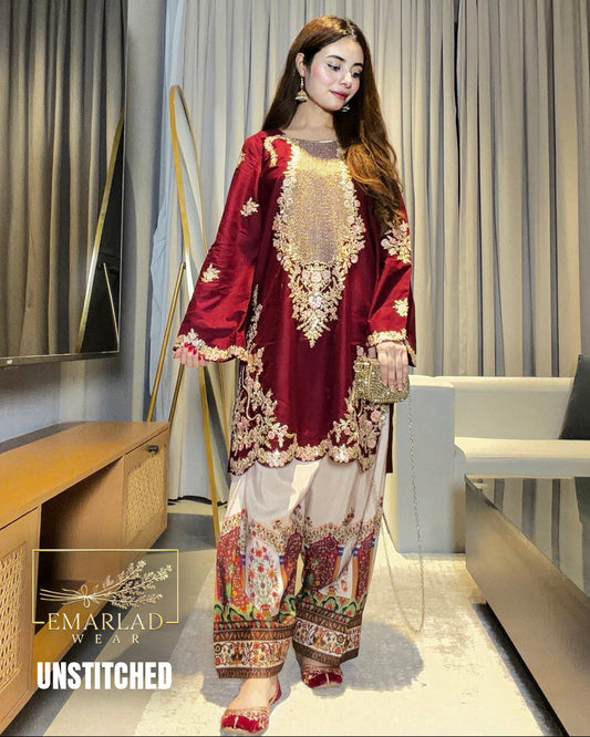 Ethnic Mehroon 2 Piece Shalmoz Silk Embroidered Suit