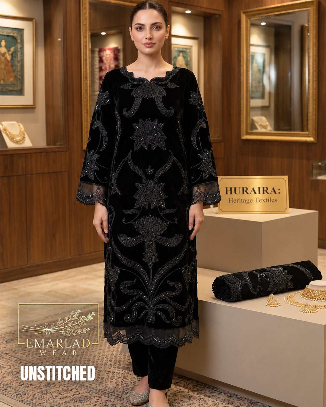 Emarladwear Black Laser 3D Embroidered Velvet 3 Piece Suit