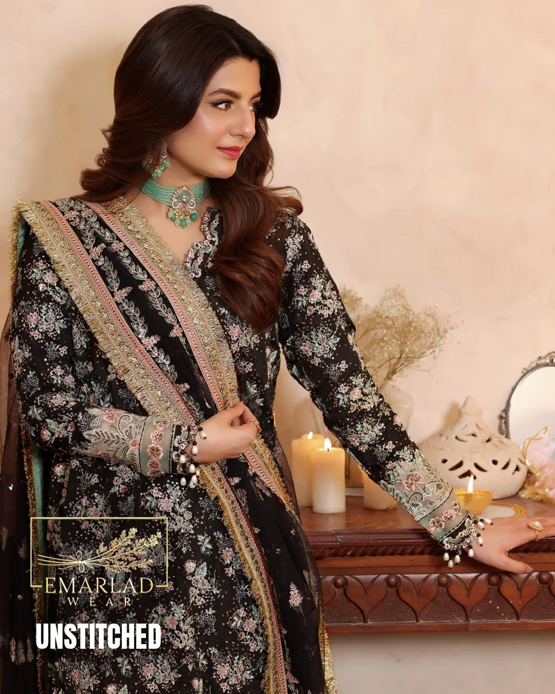 Aneelas Black Embroidered 3 Piece Unstitched Formal Raw Silk Suit NC-2301-26