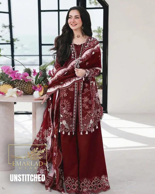 Qalamkar Sahil Mehroon Luxury Chicken Kari Lawn Embroidered 3PC Unstitched Suit | Premium Lawn Collection