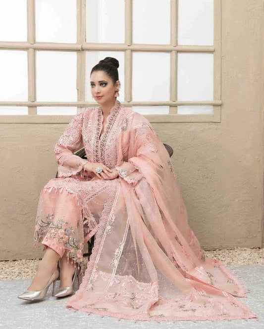 Maria B Peach Semi Stitch Organza Dress Hand Work Formal Collection
