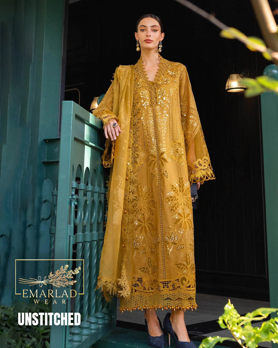 Maria B Luxury Lawn Collection Mustard 3 Piece Unstitched Embroidered Lawn Suit with Organza Dupatta