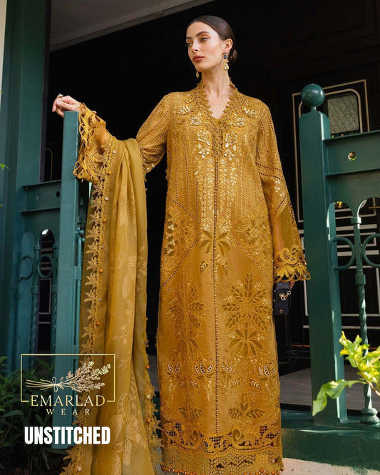 Maria B Luxury Lawn Collection Mustard 3 Piece Unstitched Embroidered Lawn Suit with Organza Dupatta