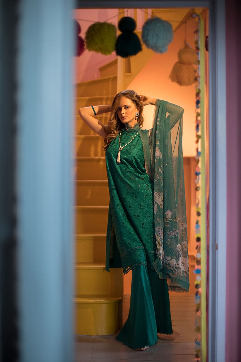 SOBIA NAZIR D GREEN CHIKANKARI LAWN EMB DRESS  Emarlad Wear