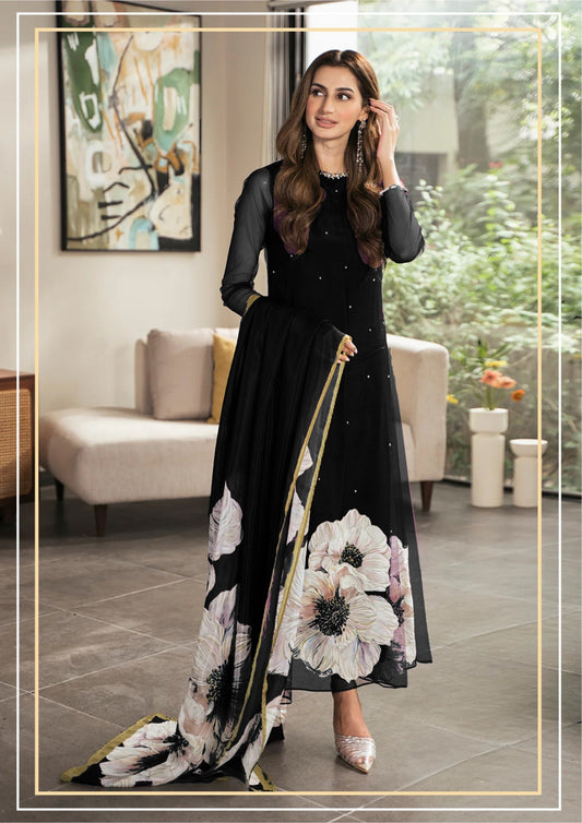 Lulusar Black white flower Digital Silk Embroidery Dress