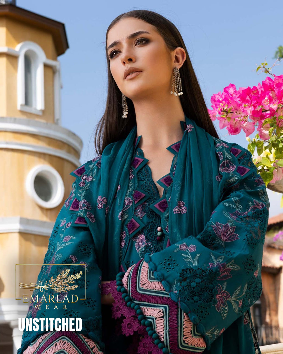 Maria B Luxury Lawn Collection Peacock Green Embroidered Dress with Organza Dupatta