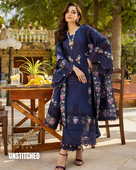 Elaf Navy Blue Luxury Chicken Kari Lawn Embroidered Suit | Premium 3PC Summer Collection | Emarladwear