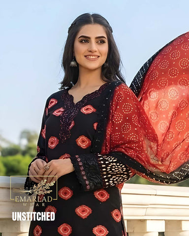 Aneela’s Chundri Vol 3 Luxury Lawn 3PC Suit 2025 – Black & Red | Embroidered Chiffon Dupatta