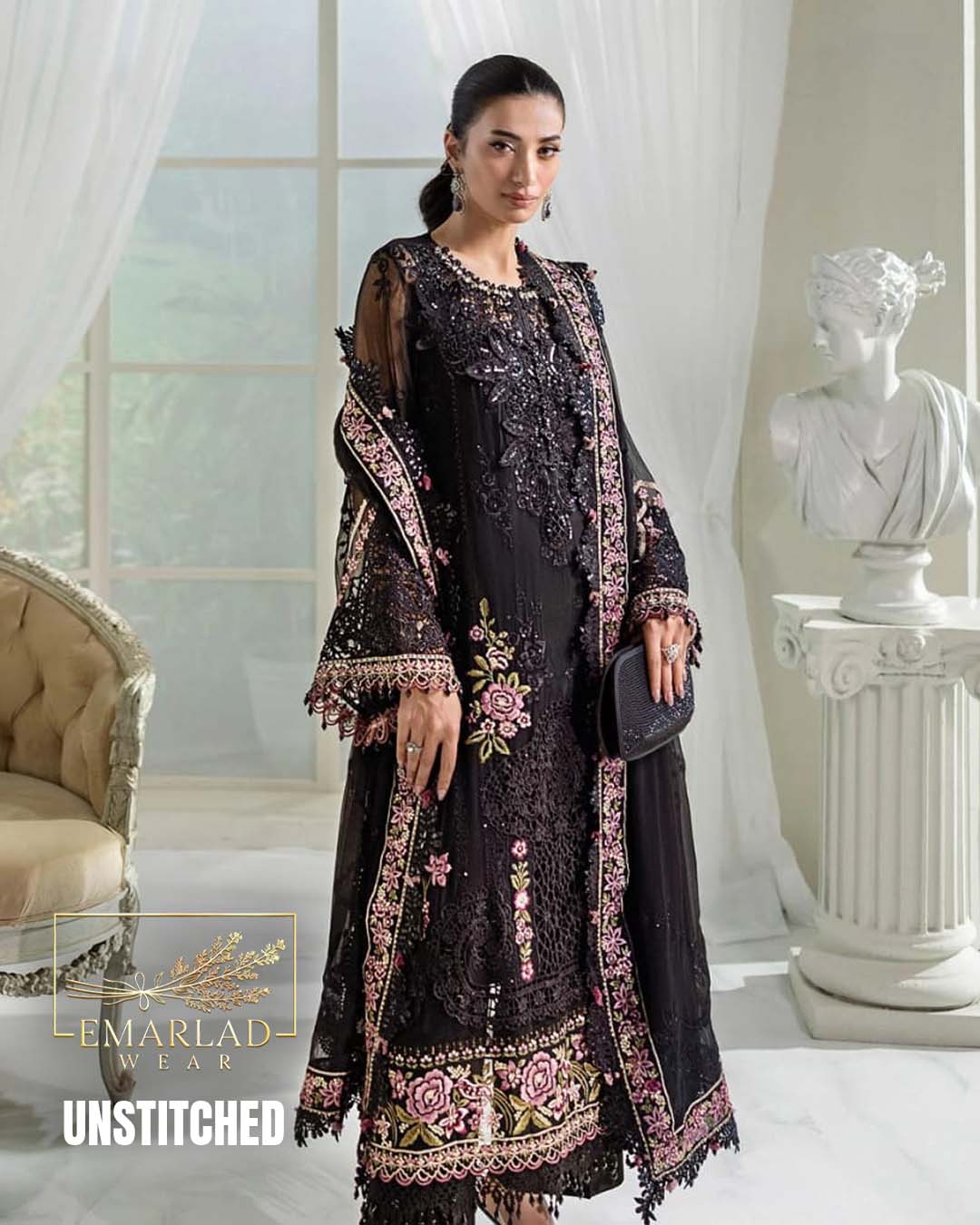 M.B  Article Colour black Unstitched 3 Piece Suit