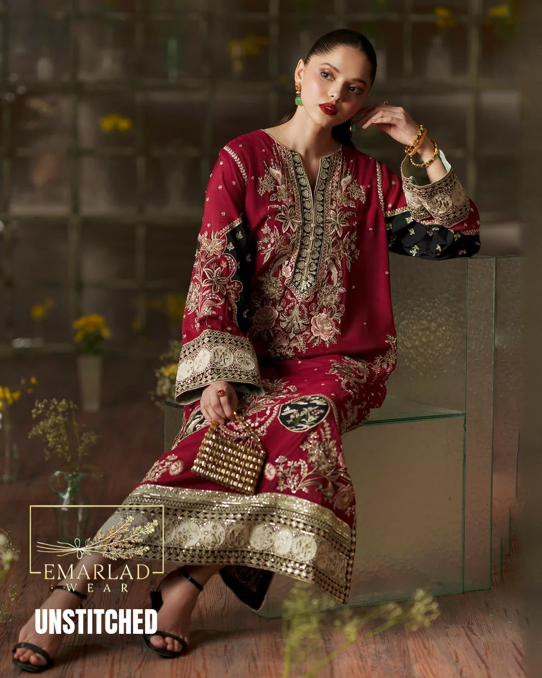 Ethnic Luxury Dark Red Kaftan Collection 2026 Embroidered Suit | Emarladwear