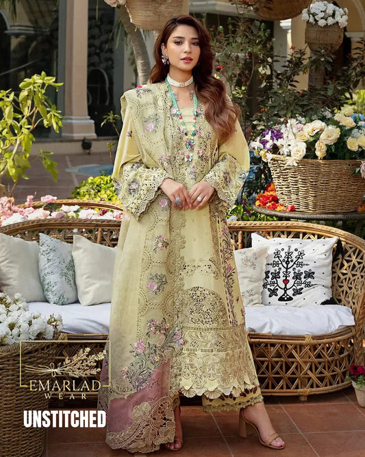 Elaf Mustard Unstitched Replica Lawn Cotton Suit with Cotton Net Dupatta