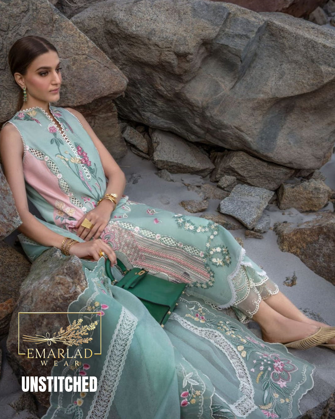 Crimson Green Pink Unstitched Replica Lawn Cotton Suit with Organza Dupatta