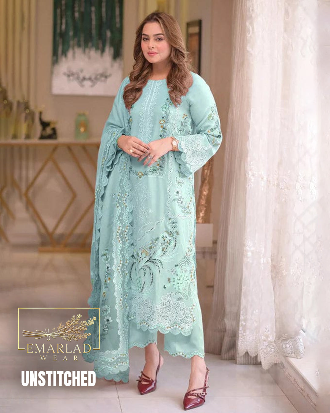 Aneelas Luxury Lawn aqua Embroidered 3 Piece Unstitched Suit