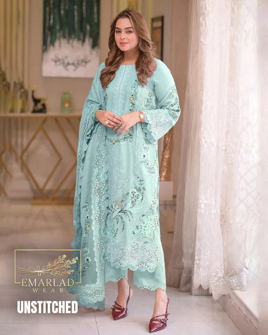 Aneelas Luxury Lawn aqua Embroidered 3 Piece Unstitched Suit