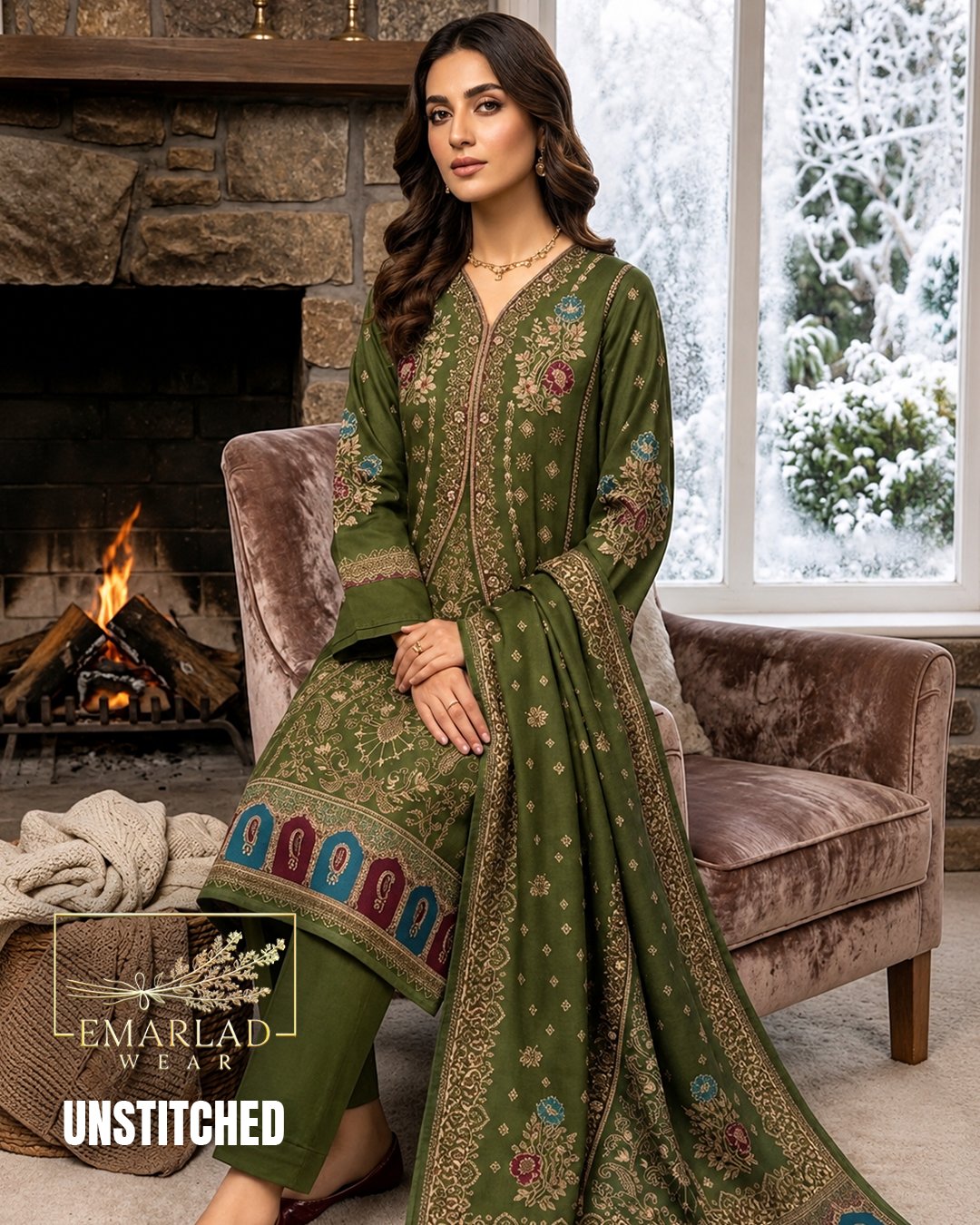 Mehndi Green Pashmina Jacquard 3 Piece Winter Suit