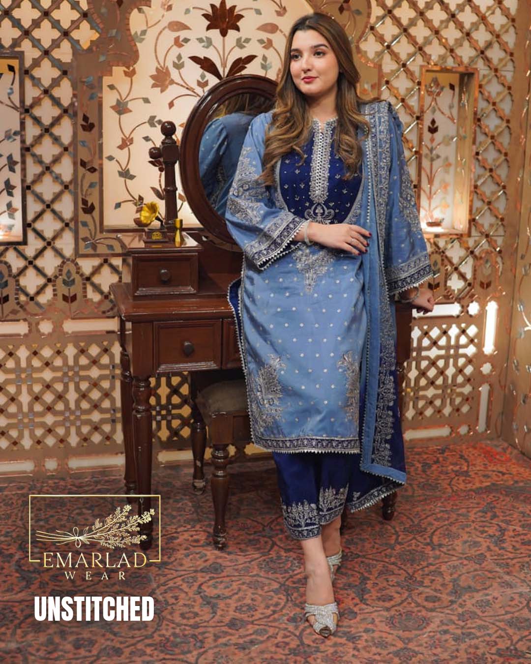 Aneelas Chiffon Embroidered 3 Piece Suit | Grey & Blue