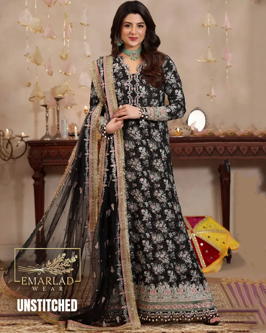 Aneelas Black Embroidered 3 Piece Unstitched Formal Raw Silk Suit NC-2301-26