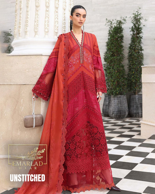 Maria B MB-26-09 Red Orange Triple Shade Tie & Dye Luxury Lawn Embroidered 3PC Suit | Emarladwear