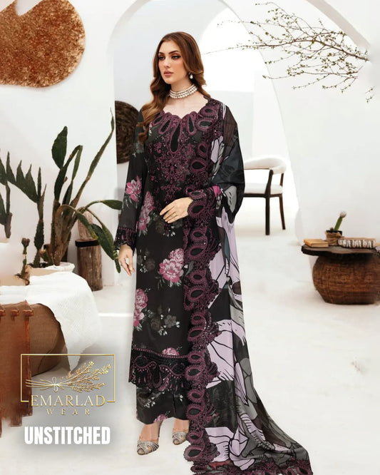 Ramsha Premium Lawn 3PC Unstitched – Black Purple with 2 Pallu Cutwork Chiffon Dupatta