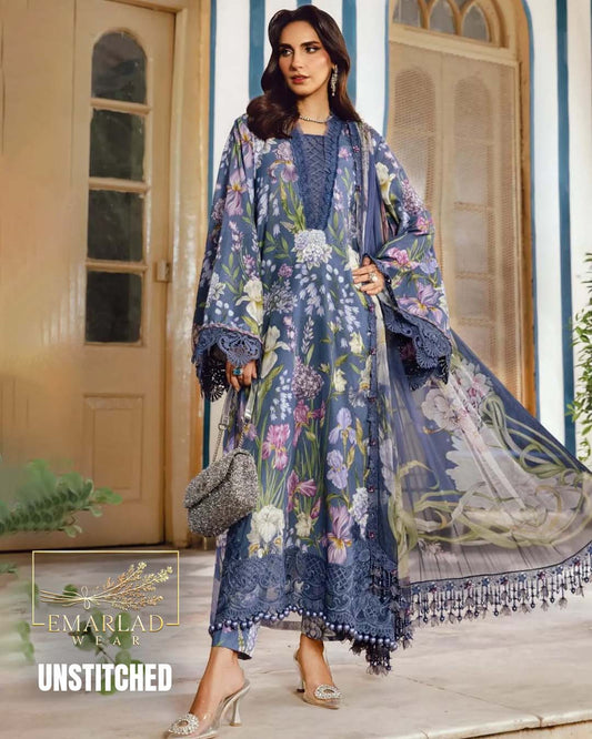 M.B Navy Blue Lawn Suit with Chiffon Embroidered Dupatta