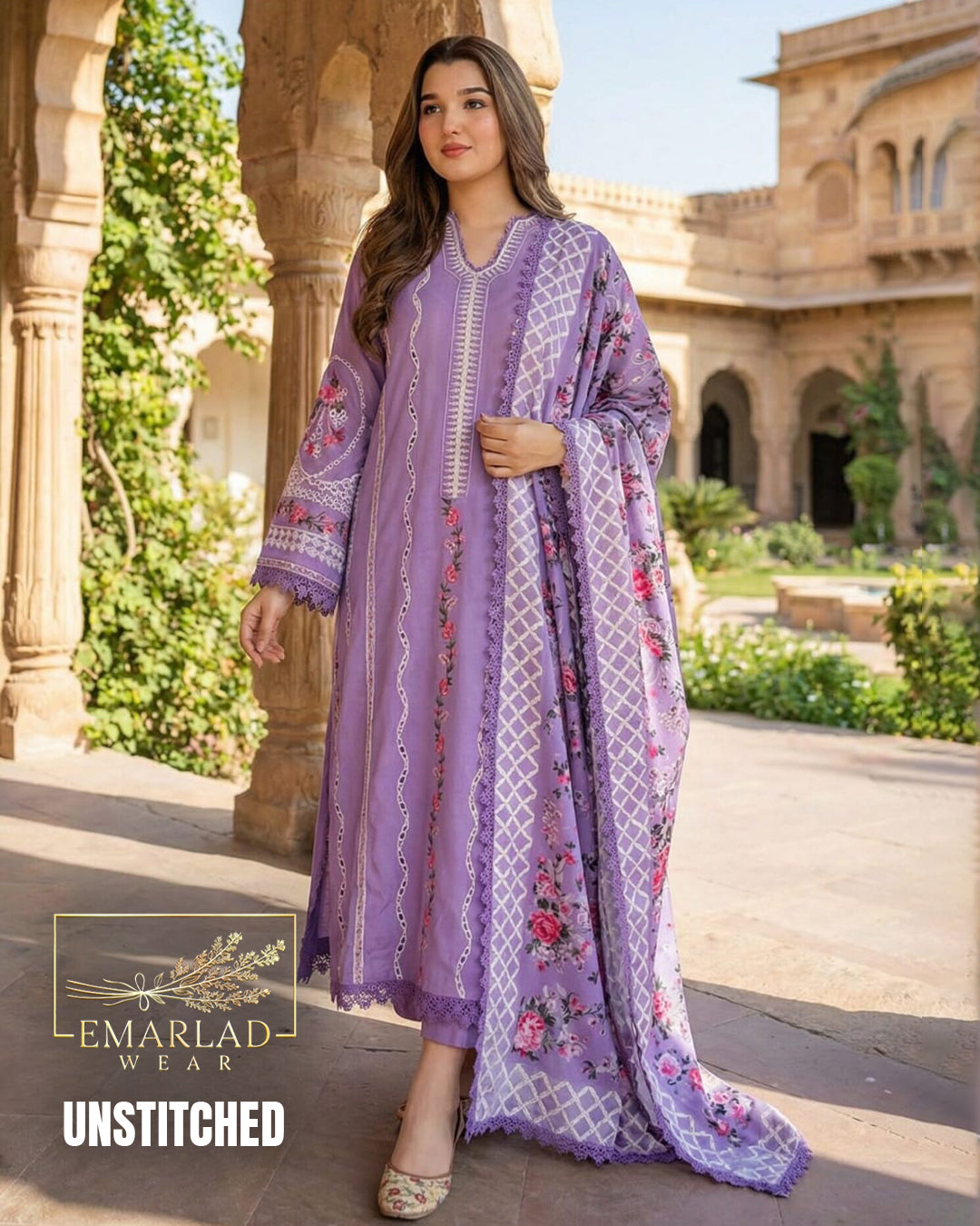 Aneela Chikenkari Noor Purple Unstitched 3 Piece Lawn Suit with Digital Silk Dupatta