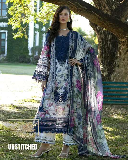 Elaaf Lawn Collection 2026 Skin Blue Design 2B 3 Piece Unstitched Printed Lawn Suit with Embroidered Chiffon Dupatta