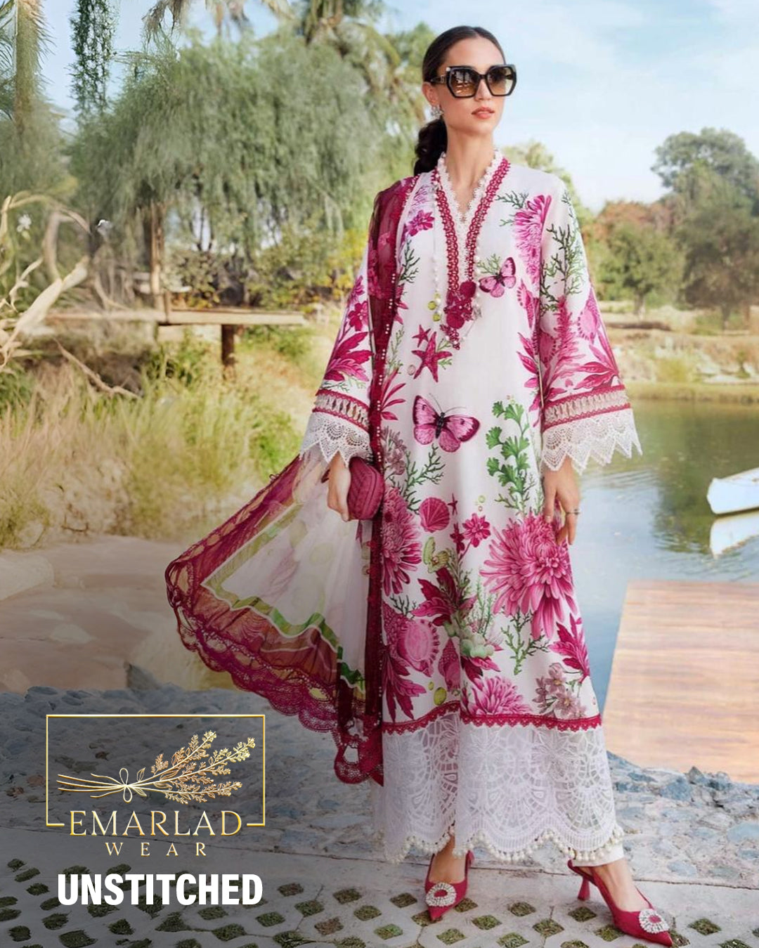 Maria B MPT-2510-A | White & Pink Butterfly - Lawn Eid Collection