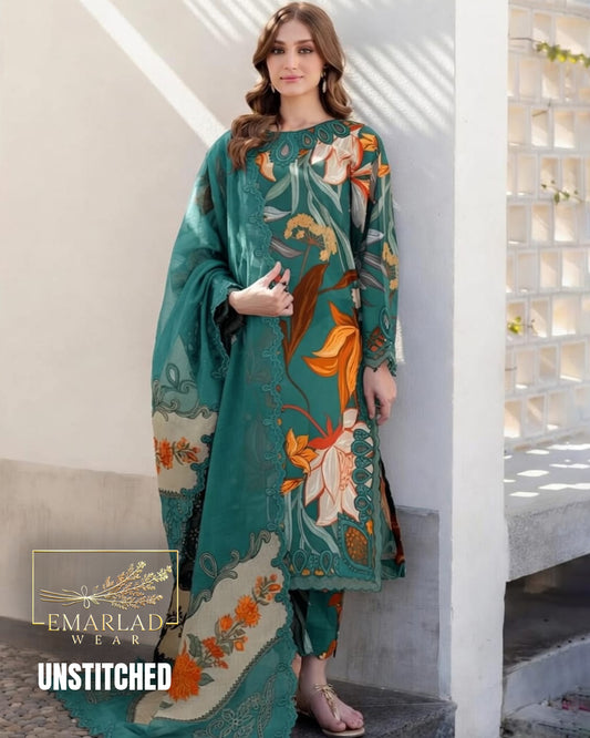 Iznik Green Lawn & Chiffon By Al Nisa Embroidery Collection Unstitched Suit Online in Pakistan