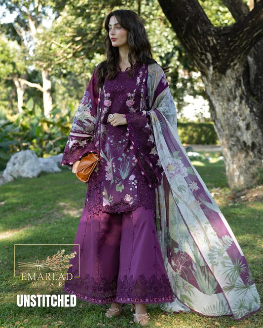 Elaaf Lawn Collection 2026 Dark Purple 3 Piece Unstitched Embroidered Lawn Suit with Printed Chiffon Dupatta