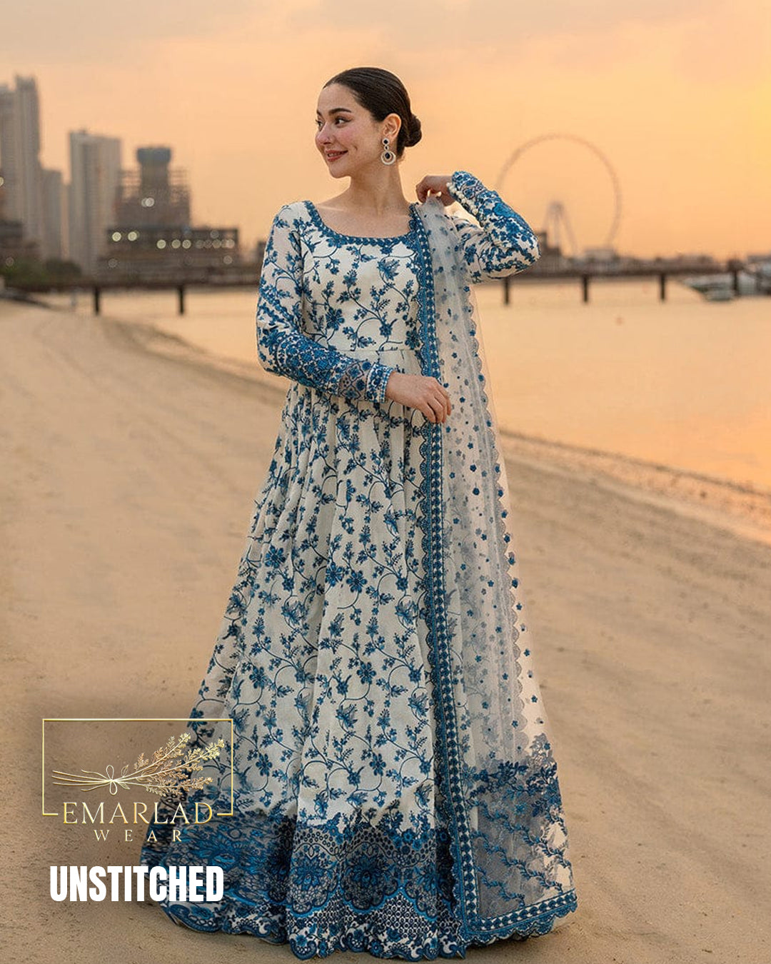 Faiza Saqlain Jehona White blue Luxury Lawn Suit 2026 – 3PC Fully Embroidered Dress with Net Dupatta