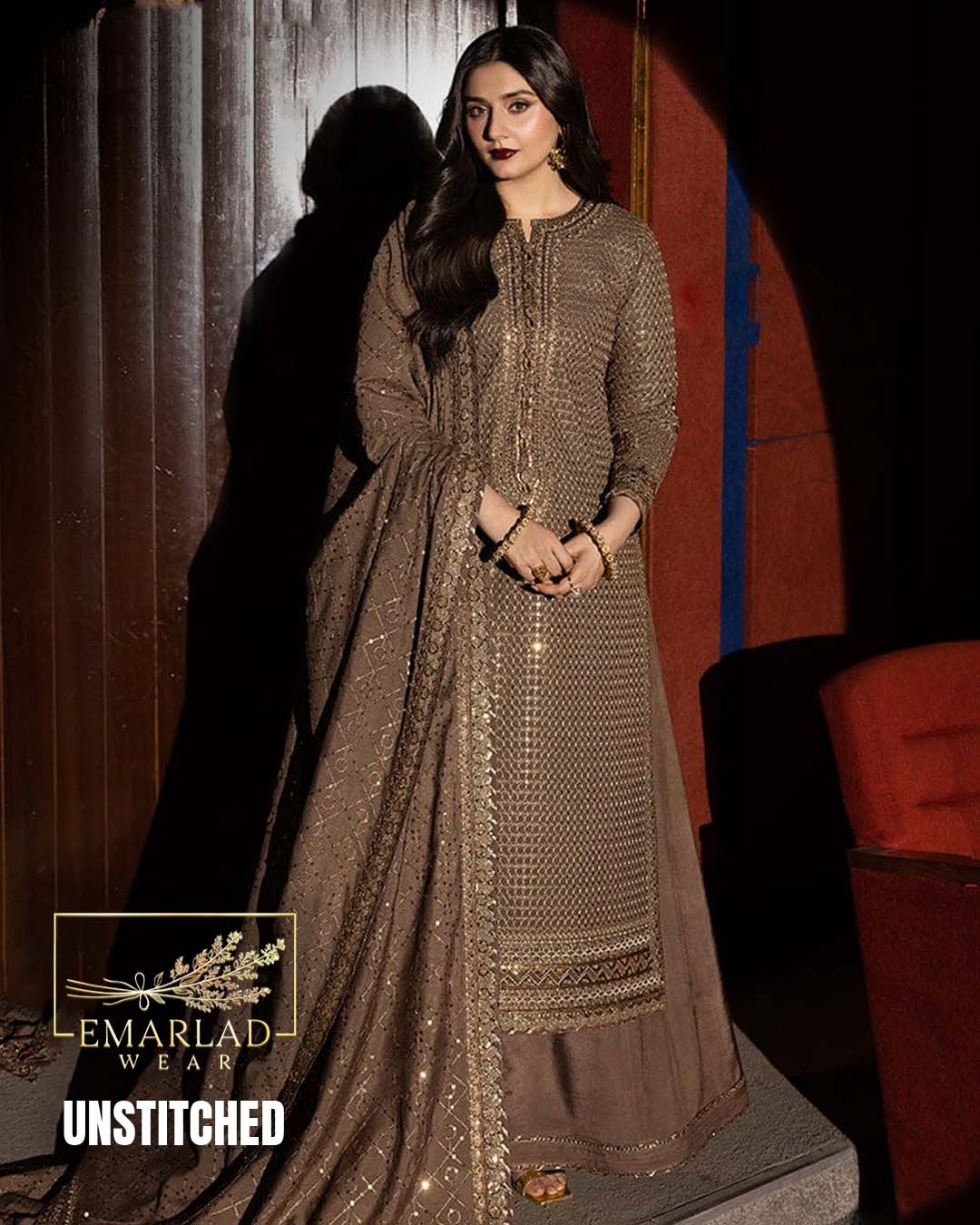 Asim Jofa Brown Chiffon Sequence Embroidered Suit | Luxury Collection