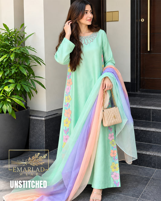 Nureh Pista Green Kaftan Silk Embroidered 3 Piece Suit