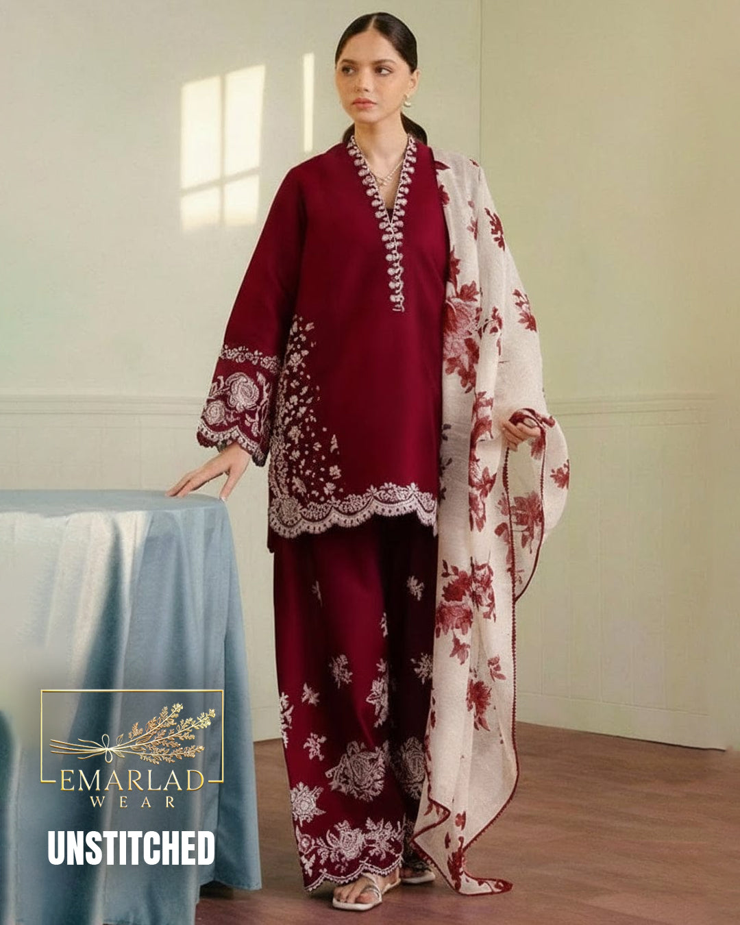 Coco by Zara Shah Jahan Mehroon Luxury Lawn Embroidered 3 Piece Suit