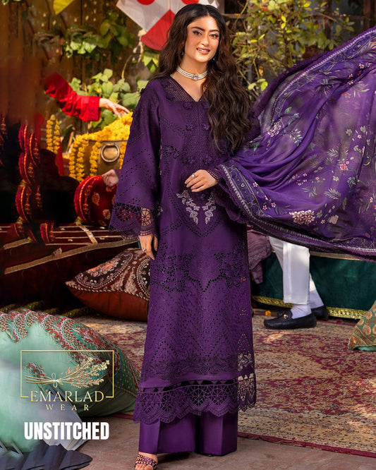 Motifz Dark Purple Luxury Chikan Kari Lawn Embroidered 3PC Suit for Women – Premium Summer Collection