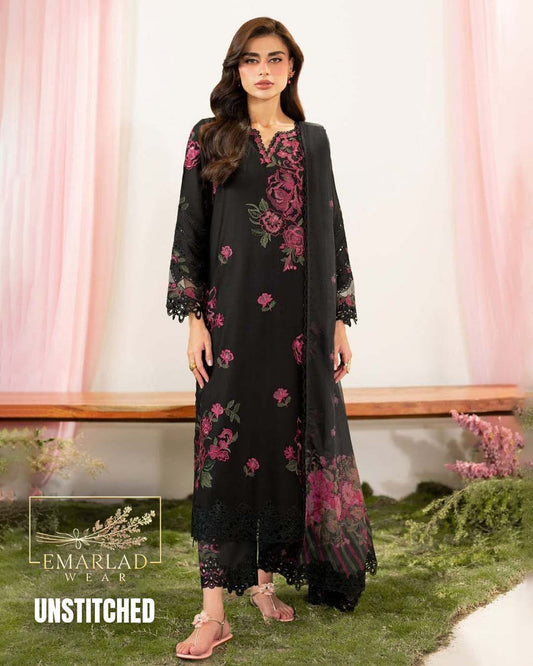 Iznik OM Black Cotton Embroidered Suit with Semi-Pure Silk Dupatta