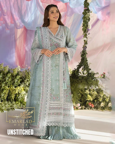Sobia Nazir Ice Green Luxury Embroidered Lawn Chickenkari 3 Piece Unstitched Suit