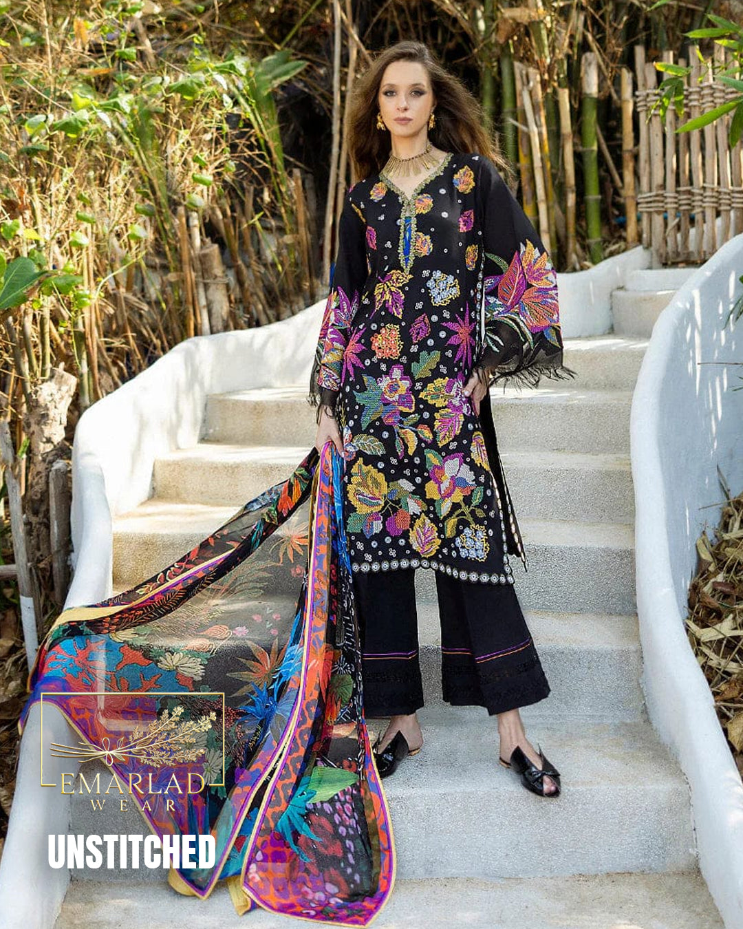 Mushq Black Lawn Collection 2026 – Cross Stitch Embroidered 3PC Suit with Digital Dupatta