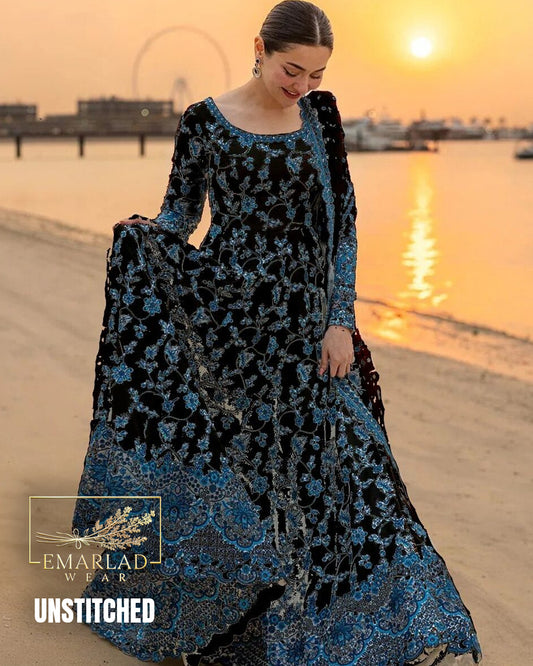 Faiza Saqlain Jehona Black 3 Pc Luxury Lawn Embroidered Suit | Premium Unstitched Lawn Collection