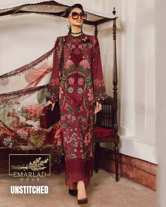 Maria B M-Print Lawn 3PC 2025 – Mehroon | Heavy Embroidered Neckline & Chiffon Dupatta