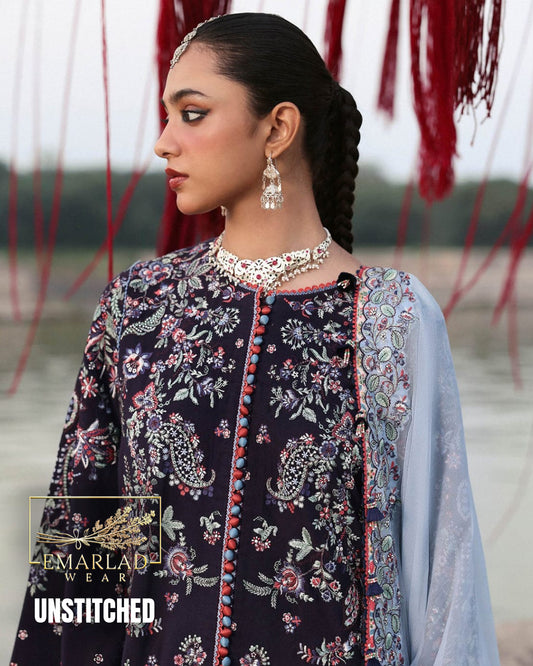 Hussain Rehar Navy Blue Luxury Lawn Replica 3 Pc Suit | Chiffon Heavy Embroidered Dupatta (Ready to Wear)
