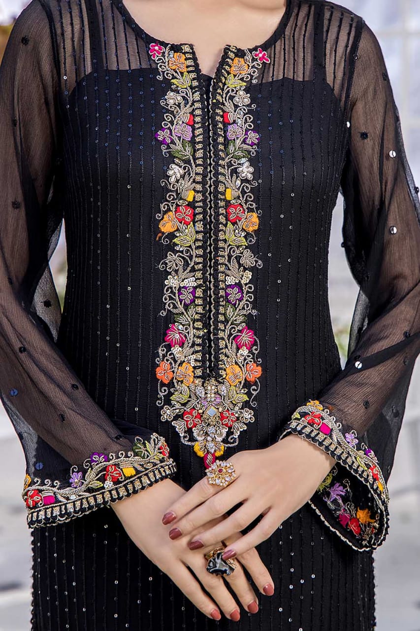 KHUDA BAKSH FORMAL CHIFFON DRESS BLACK & PINK VELVET