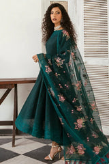 Jazmin Dark Green Shiffle Chikankari Dress 3pc