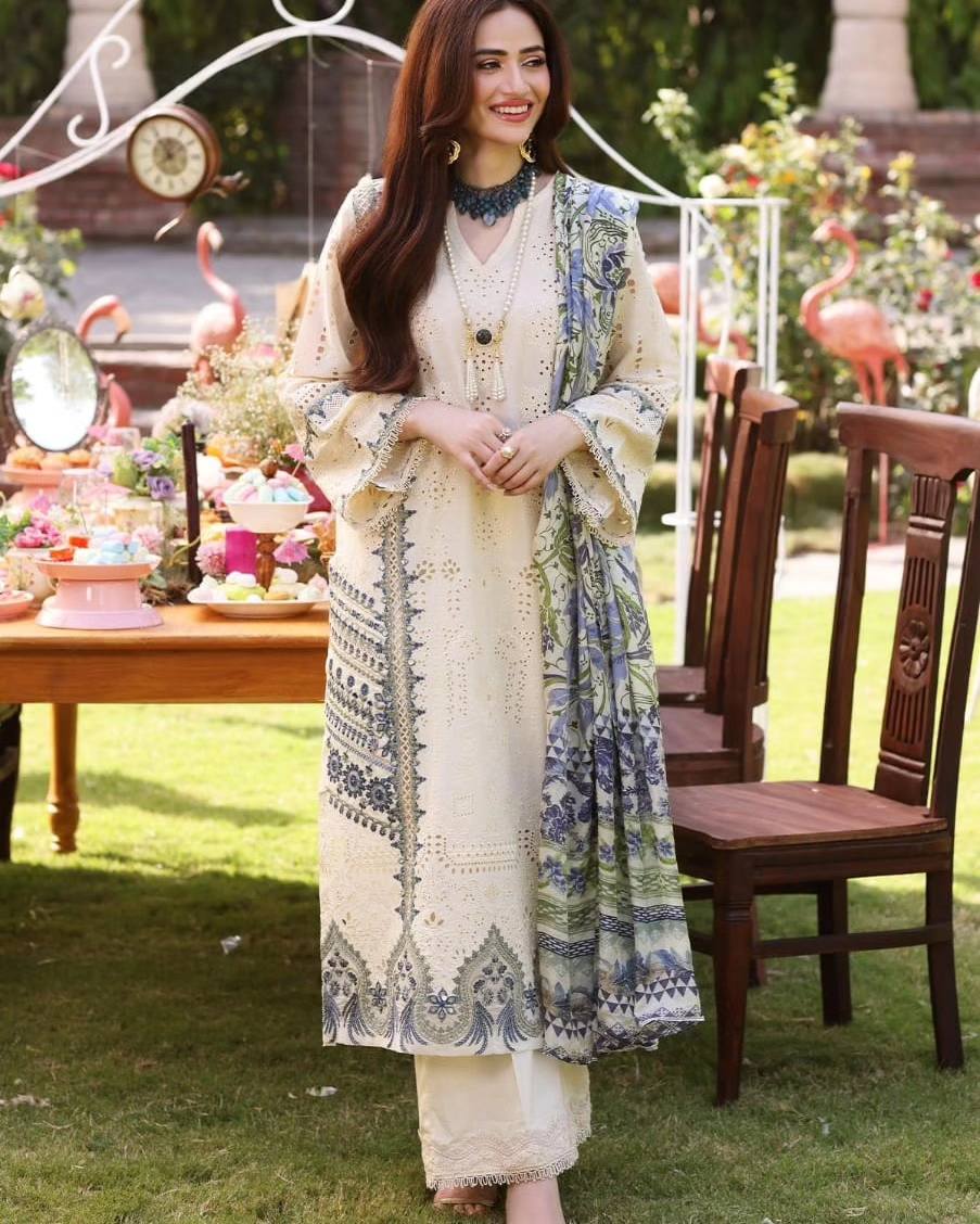 Elaf Cream Lawn Embroidery Chikankari Dress 3pc