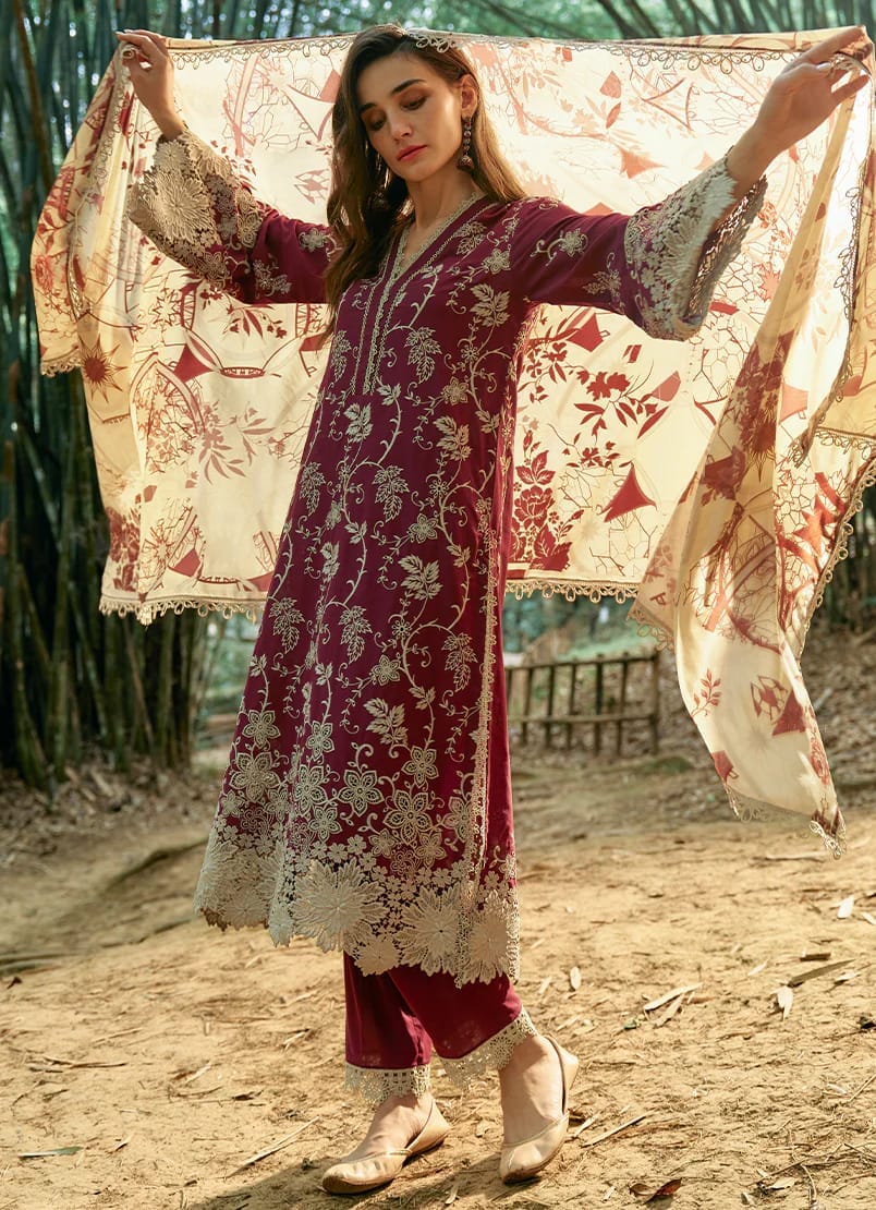 Rameen Maroon Chikankari Lawn Embroidery Dress 3pc