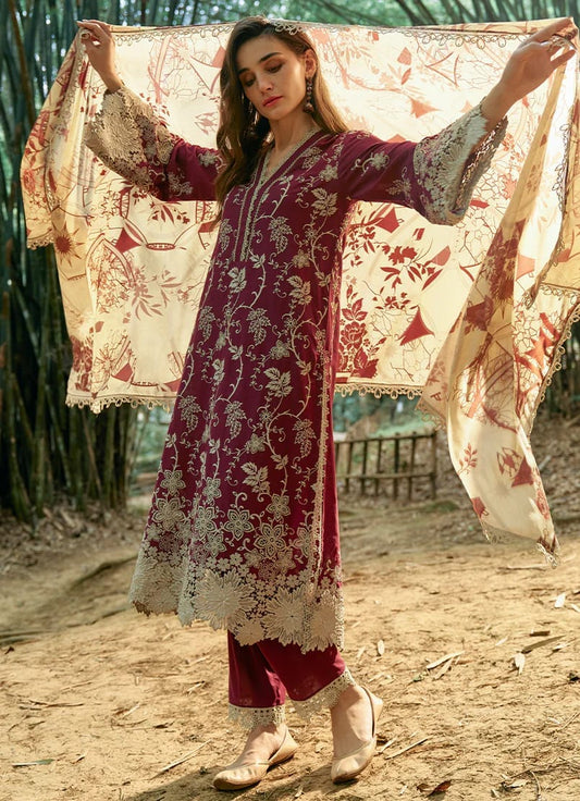 Rameen Maroon Chikankari Lawn Embroidery Dress 3pc