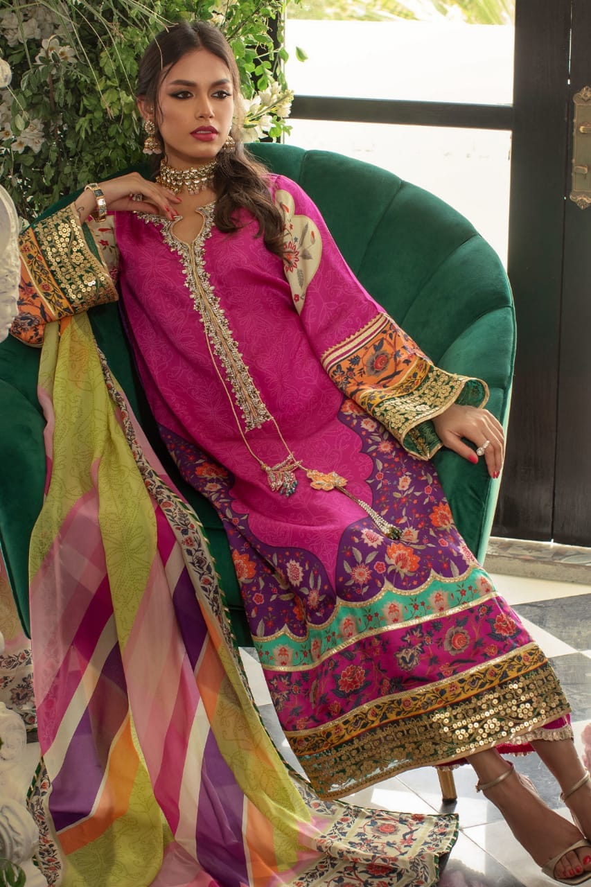 Anas Abrar Silk Pink Digital Print Embroidery Hand Work 3pc