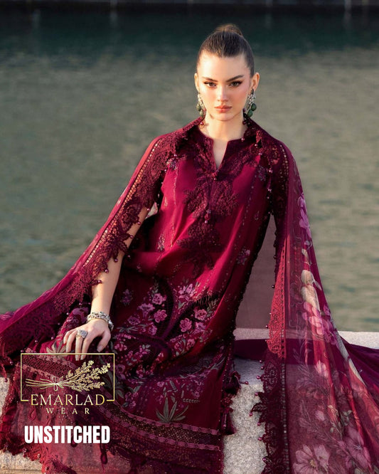 Maria B Mehroon Lawn Chikan Kari Suit 2026 – 3PC Embroidered Dress with Silk Dupatta