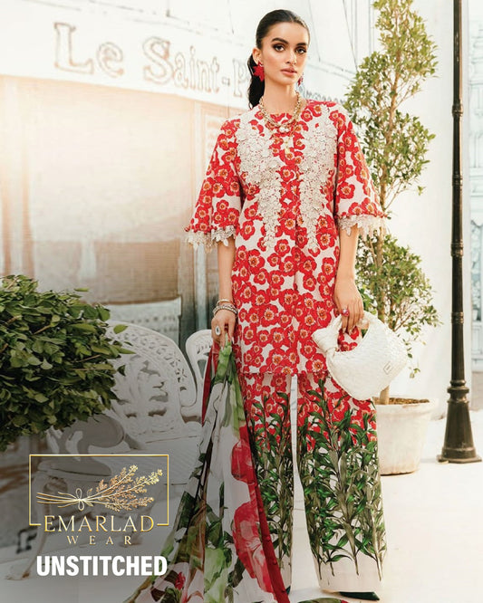 Maria B MPrint MPT-2606-B | Red & White (flower)- Lawn With Chiffon Dupatta Collection